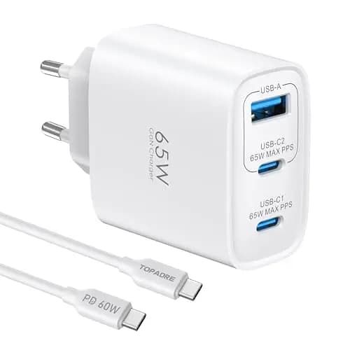65W Chargeur USB C Rapide, 3-Ports Prise USB C GaN Tech PD3.0 PPS avec 60W Câble pour iPhone 17 16 15 14 13 Pro Max, pour MacBook M4 M3 M2, pour Galaxy S25 S24 S23 Note Pixel 9 8 7 iPad Air/Pro, Blanc