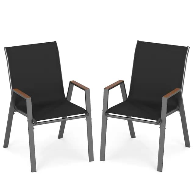 COSTWAY Lot de 2/4 Chaises de Jardin Exterieur, Fauteuils Empilable, Charge 180 kg, Tissu Respirant, Structure en Métal, Chaise Exterieur pour Jardin Cour Balcon, 56 x 66 x 88 cm (Noir,2)