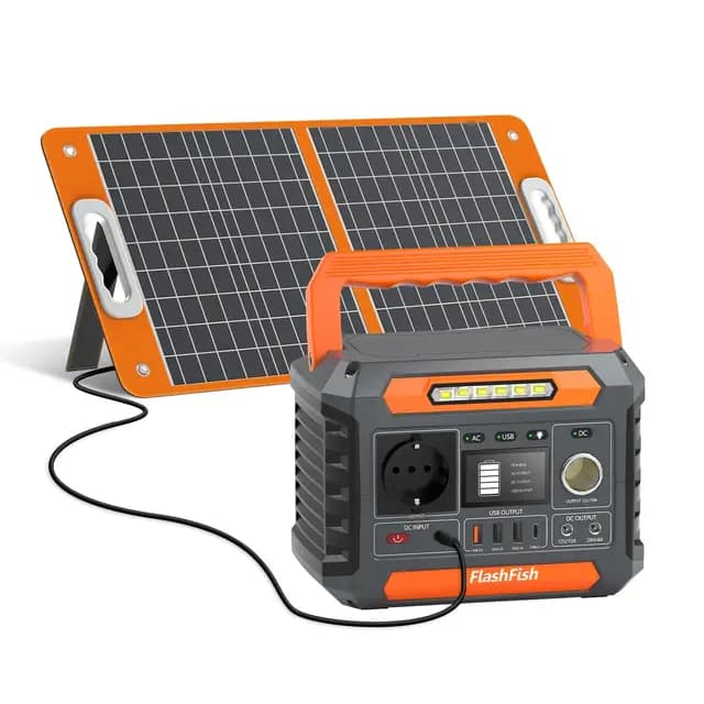 FlashFish 144,3 Wh Generateur Électrique Avec Panneau Solaire 60W,Générateur Solaire Portable 200W Avec 230 V AC/DC/USB/type C/lumières LED -Batterie de Secours Pour camping, voyages et Urgences
