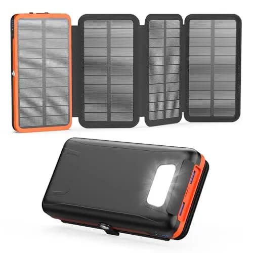 A ADDTOP Chargeur Solaire 20000mAh - Powerbank Solaire Charge Rapide 3 Sorties avec 4 Panneaux solaires Pliables Chargeur Portable pour téléphones iPhone 17 16 15 14 13 12, tablettes Orange – Image 1