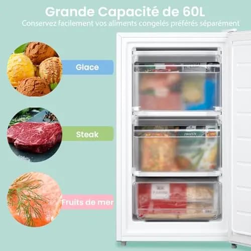 COMFEE' RCU60WH2(E) 60L Mini Congélateur, Monoporte, Température Réglable, Porte Réversible, Silencieux, Pose Libre, Blanc