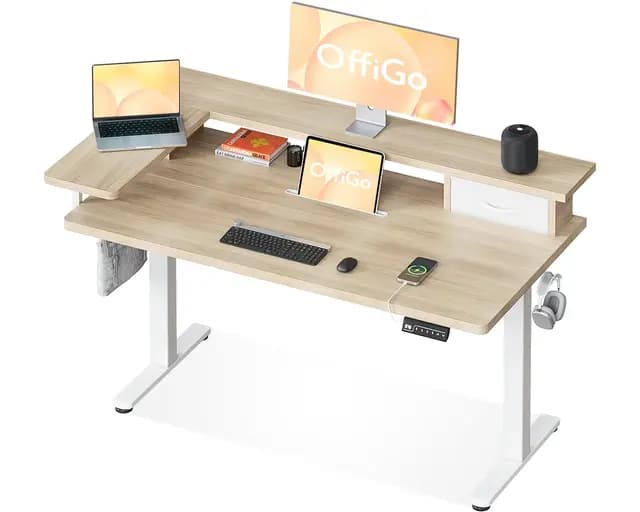 OffiGo Bureau Assis Debout, 120 x 60 cm Bureau Debout Electrique avec Support d'écran en L, Standing Desk avec Tiroir, Table avec Prise USB, Ergonomique Table Ordinateur, Beige