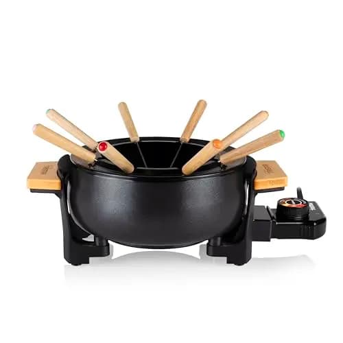 Tristar FO-1108 Service à fondue en bambou 1,5 L pour 8 – Caquelon multifonction pour huile, fromage et chocolat, inclut 8 fourchettes et un anneau anti-éclaboussures, design élégant