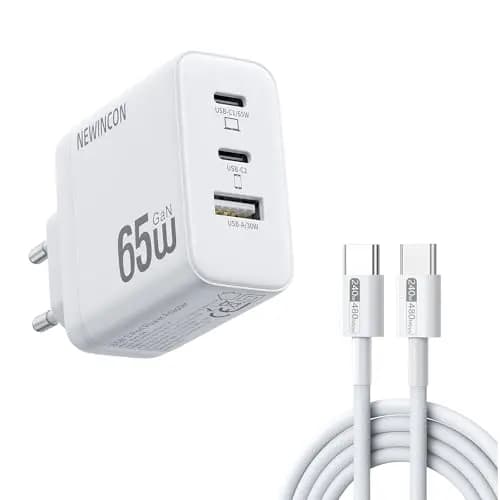 NEWINCON 65W Chargeur USB C 3-Ports GaN III, Chargeur Rapide PPS PD3.0 avec 240W 1,8M câble, Alimentation USB C Compacte pour MacBook Air/Pro, iPhone 17Pro/16, Galaxy S25/S24, iPad Pro/Air, ThinkPad.