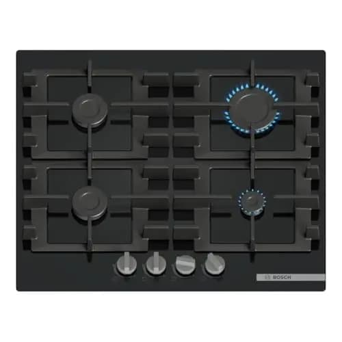 Bosch PNP6B6K40 Série 4 Plaque de cuisson à gaz, 60 cm, verre trempé, grilles en fonte lavables au lave-vaisselle, noir, série 6, verre noir