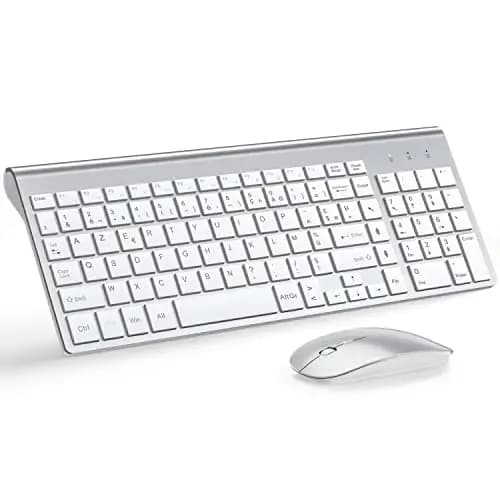 TopMate Ensemble Clavier et Souris sans Fil Ultra-Mince, 2.4G Silent Compact Clavier de Souris 2400DPI Pleine Taille, Clavier avec Couvercle, Piles 2 AA et AAA, pour PC/Laptop/Windows/Mac-Argent Blanc