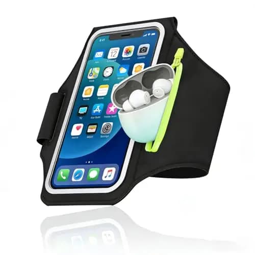 Tarpedrium Brassard de Sport avec Poche Écouteur, Brassard Telephone Sport pour iPhone 17Pro, 16 Pro, 15, 14, 13, 12, Porte Téléphone Course à Pied, Sangle Réglable, pour Jusqu'à 6,8 Pouces(Noir)