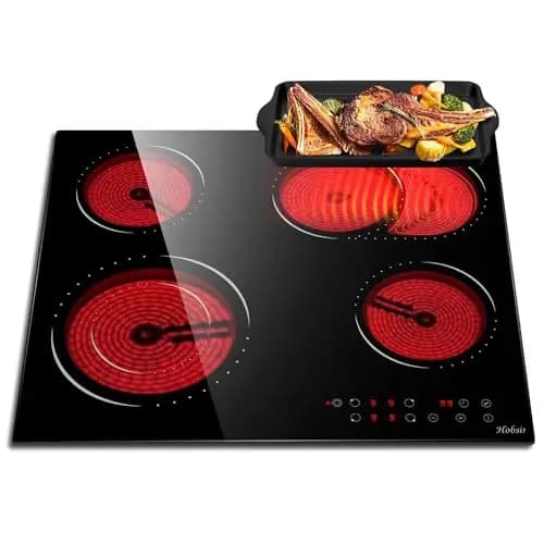 Hobsir Plaque Vitrocéramique 4 Feux, Plaque Cuisson électrique Encastrable 60cm, 6600W, Table de Cuisson avec Zones Ovale et Double Flexibles, Contrôle Tactile, Minuterie, Sans Prise, 240V