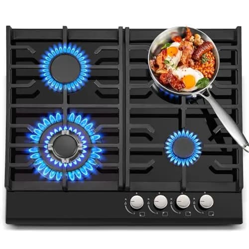 TopStrong Plaque de Cuisson Gaz 4 Feux, 60cm Plaque Gaz 4 Feux avec Supports en Fonte, Encastrable Table de Cuisson, Convertible NG/LPG, Protection Contre la Flamme, Noir Verre