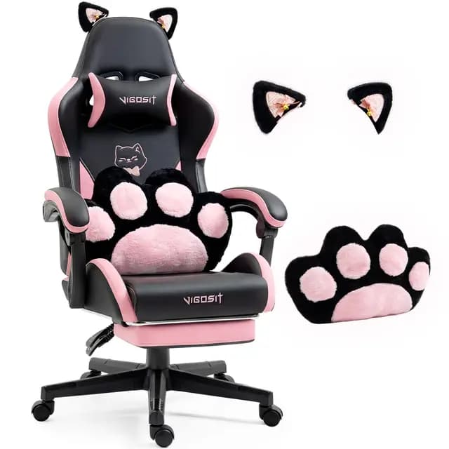 Vigosit Chaise de jeu PC mignonne, ergonomique, inclinable, avec coussin lombaire et oreilles de chat, repose-pieds, pour filles, adolescentes, enfants, noir et rose