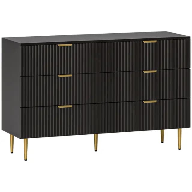HOMCOM Commode 6 tiroirs Commode Chambre Meuble de Rangement Moderne avec poignées et Pieds dorés, pour Chambre à Coucher, Salon, dim. 120 x 40 x 76,5 cm, Noir