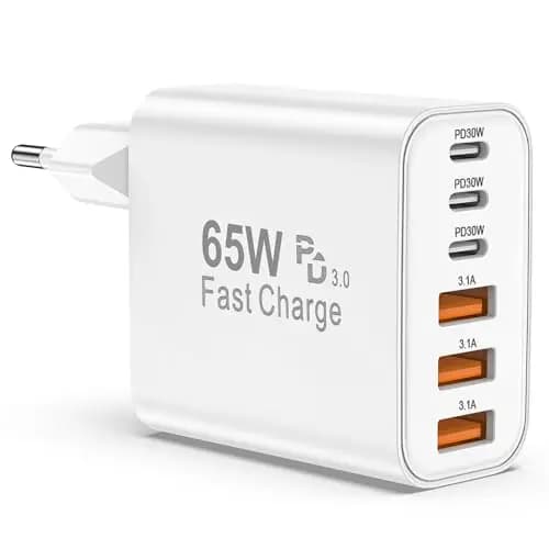 Chargeur USB C, 65W 6 Port Prise USBC Chargeur Rapide iPhone, Multiple Secteur Trois PD+QC 3.1A Type C Adaptateur 25W(MAX) pour iPhone 17 16 15 14 13 12 11 Plus Pro Max X XS XR, pour iPad,pour Samsung