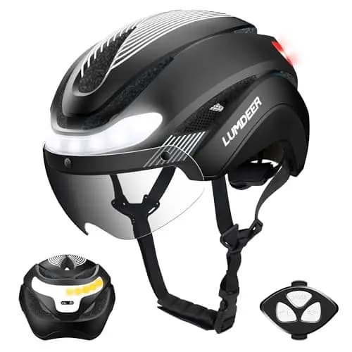 LUMDEER Casque de vélo pour adultes hommes et femmes – Casque de vélo avec lumières avant et arrière, clignotants et feux de freinage, visière photochromique, casque de vélo urbain pour scooter