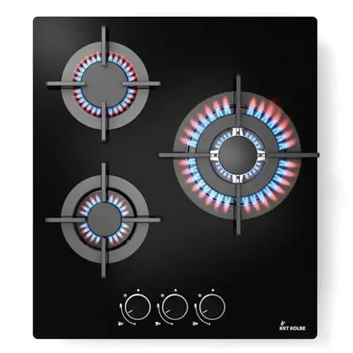 KKT KOLBE G453G Plaque de cuisson à gaz 45 cm, autonome, 6,2 kW, 3 feux, réglable en continu, zone wok, sans cadre, commande à bascule, support de casserole en fonte, verre, gaz propane, gaz naturel