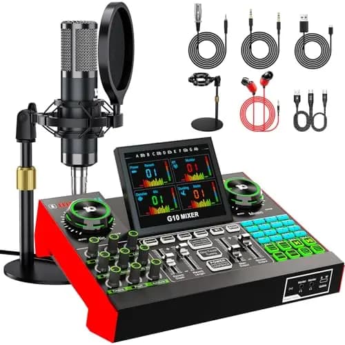 Denoise Ensemble de microphone pour podcast avec table de son en direct, mixeur audio, équipement de podcast avec microphone à condensateur de 3,5 mm (P15) pour PC/téléphone, diffusion en direct