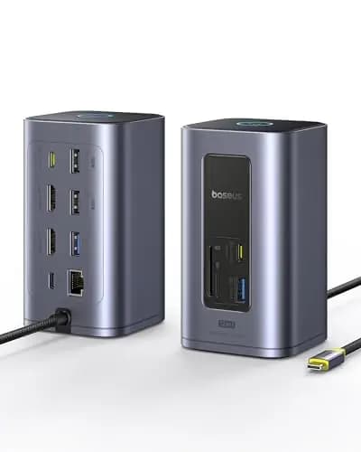 Baseus Nomos Air 12 en 1 Docking Station, Station d'accueil 2 Moniteurs pour Windows, 4K HDMI, 10Gbps USB-A/C, SD/TF, 100W PD, Ethernet, Compatible avec Les Ordinateurs Portables HP/Lenovo/Dell/Acer