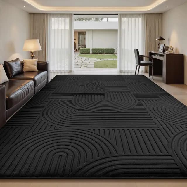 Sour Lemon Tapis de salon, 200 x 300 cm, noir, 3D, avec design de cercle, lavable, moelleux, antidérapant, pour chambre à coucher, salle à manger, cuisine et bureau