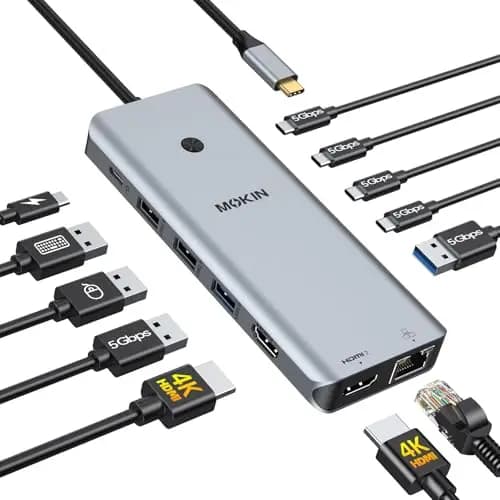 MOKiN Station d'accueil USB C Double Moniteur, 13 en 1 HUB USB C Dual 4K@60Hz avec 2 HDMI, Gigabit Ethernet, Charge Rapide PD 100 W, 5Gbps Docking USB C pour Ordinateurs Portables MacBook/Dell/HP