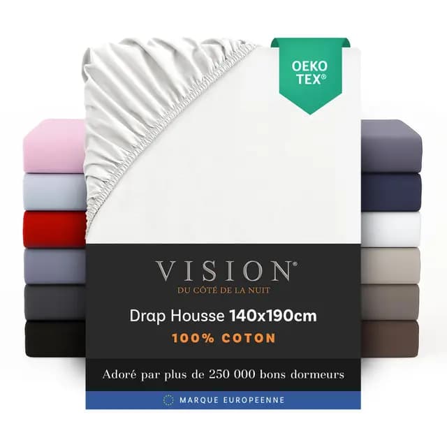 Vision Drap Housse - 100% Coton Lit Double (140x190cm) - Blanc | Coins Élastiqués | Tissage Serré: 57 Fils | Convient aux Matelas Jusqu’à 25cm | Confortable | Lavable en Machine | Certifié Oeko-Tex