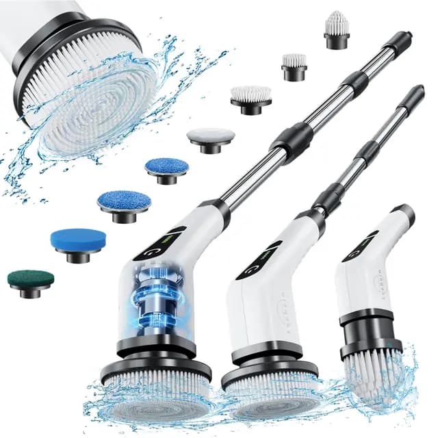 Brosse Electrique Nettoyage Rotative, Brosse de Nettoyage sans Fil avec 8 Têtes de Brosse Remplaçables, Electric Spin Scrubber avec Poignée Réglable de 137cm pour Salle de Bain Cuisine Voiture – Image 1