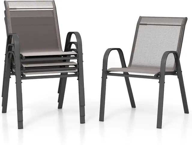 COSTWAY Lot de 2/4 Chaises de Jardin Exterieures avec Cadre en Métal, Chaise de Salle à Manger Empilable en Tissu Respirant, Fauteuil d'Extérieur pour Cour, Balcon, Piscine, Charge 150 KG (Gris,4)
