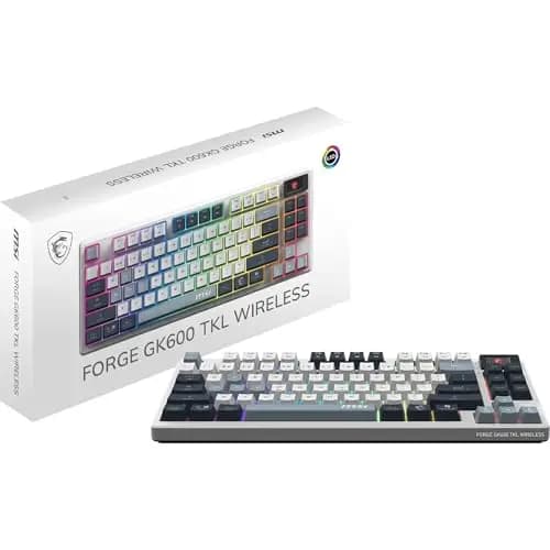 MSI Forge GK600 TKL Wireless Sky FR Clavier Gaming sans Fil, AZERTY, Disposition FR, switches linéaires, Touches imprimées par Sublimation, Base antidérapante, LED RGB, USB 2.0, Bluetooth, 2.4 GHz