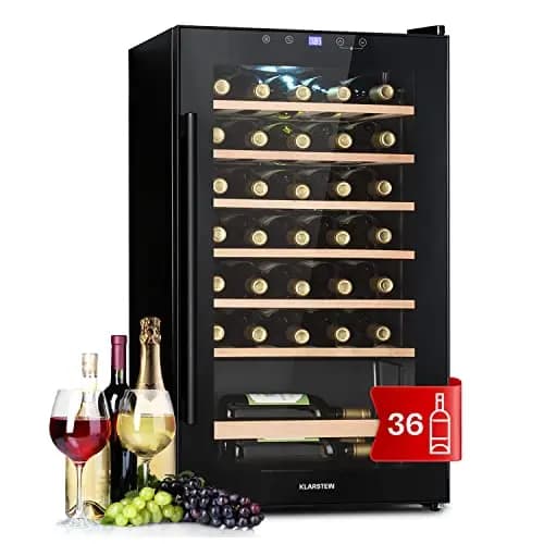 KLARSTEIN Cave a Vin, Réfrigérateur à Vin sur Pieds avec Porte en Verre, Cave à Vin de Vieillissement, Prosecco, Bière, Ecran Tactile, Réfrigérateur Bar, Frigo, Protection UV, 5-18°C, 36 Bouteilles