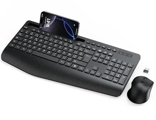 Ensemble Clavier et Souris sans Fil, Ergonomique Pleine Taille Clavier avec Repose-Poignet, Support, Mode Veille, 2,4 GHz Silencieux Clavier Souris pour Windows, PC, Laptop, AZERTY-KM23 (Noir)