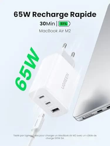 UGREEN Zapix 65W Chargeur USB C Rapide 3 Ports GaN Tech Compatible avec iPhone 17 Pro Max Air 16 15 14 13 12 iPad MacBook Neo Air Pro M5 M4 M3 M2 M1 Galaxy S26 S25 S24 A15 Pixel 10 9 8 XPS (Blanc) – Image 1