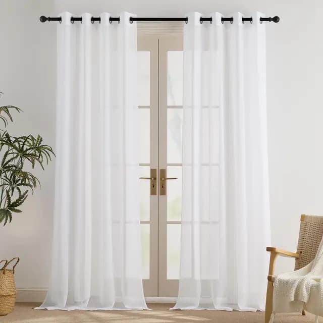 PONY DANCE Rideau Voilage Salon - Voilages Blanc Décorations Maison Chambre Fenêtre Intérieur 140x245cm Voile en Lin Effet Moderne Jolis Transparent à Oeillets, Double Pièces