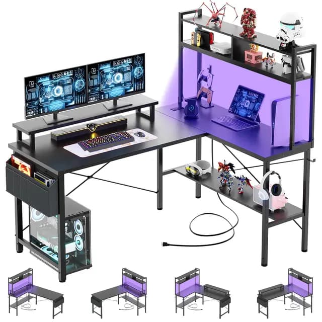 iSunirm Bureau Gaming en Forme de L,125x90x75cm Bureaux à Domicile avec LED et Prises,Table en L avec Sac de Rangement et Crochet pour Le Travail à Domicile et Gaming, Noir – Image 1