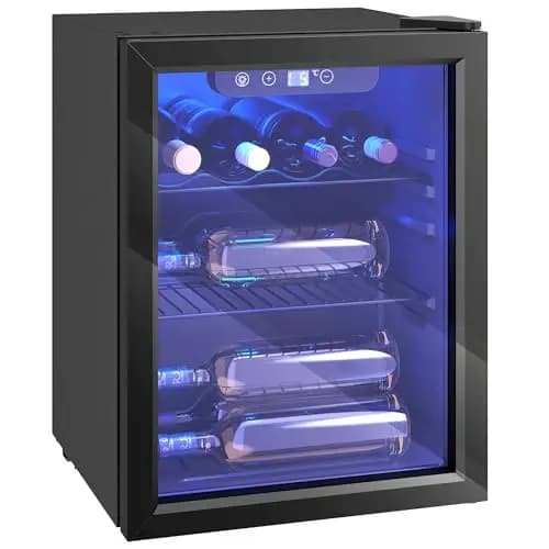 HOMCOM Cave à Vin 16 Bouteilles 48L, Réfrigérateur à Vin et Boissons avec Température Réglable 4-16 °C, Porte Réversible en Verre Trempé Double, Éclairage LED et Étagère Amovible, Noir