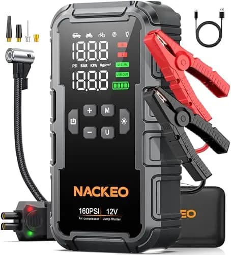 Booster Batterie Voiture 8000A avec Compresseur 160PSI, 12V Booster Voiture Portable (Essence & Diesel 12L), Démarreur Batterie Voiture avec Lampe 600LM, Câbles de Démarrage, Grand écran LCD