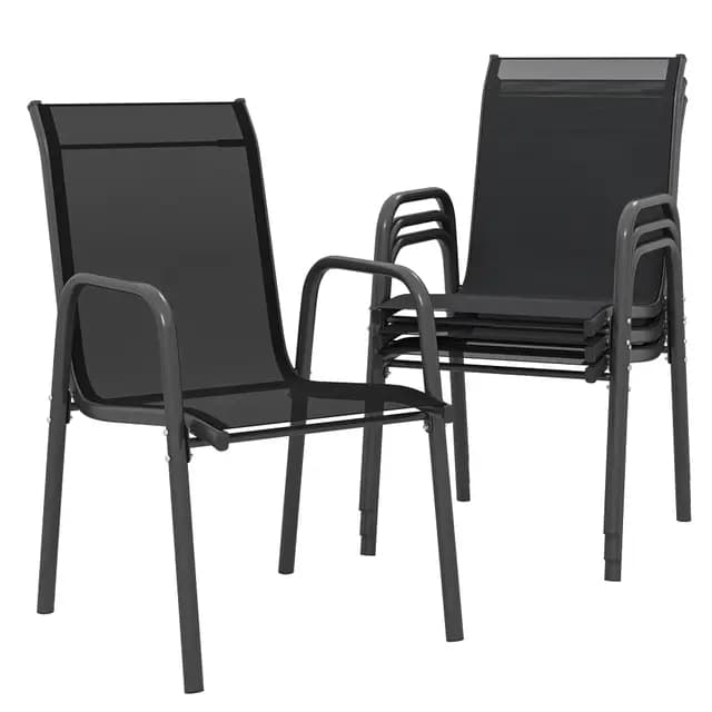 Outsunny Lot de 4 Chaises de Jardin Extérieures, Chaise de Salle à Manger Empilables avec Accoudoirs, Dossier Haut, Métal et Textilène, Fauteuil de Jardin Exterieur pour Balcon, Terrasse, Patio, Noir