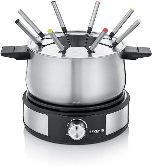 Severin Fondue Crêpière 2 en 1, Inclus 8 fourchettes à fondue, spatule à crêpe et répartiteur de pâte, Inox/Noir, FO 2471