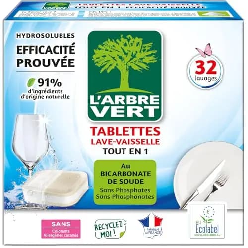 L'Arbre Vert Tablettes Lave Vaisselle Tout En 1 - Ecolabel - 91% d'ingrédients d'origine naturelle - 32 Doses