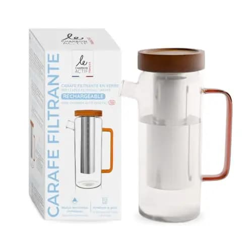 Carafe filtrante en verre 1,5L + 1 cartouche filtrante incluse – Filtre inox rechargeable à l’infini - Purifie l’eau du robinet (chlore, pesticides, PFAS) - sans BPA