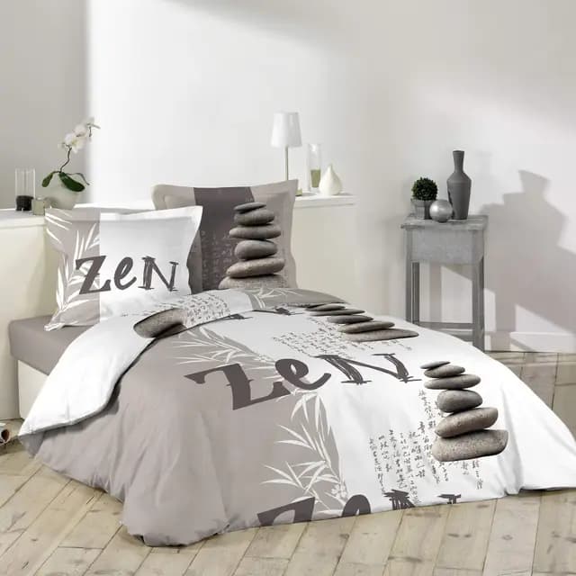 Douceur d'Intérieur, Parure de Lit 3 Pièces (240 x 220 cm) Galets Zen Naturel, 100% Coton