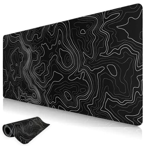 Niviy Tapis de Souris XXL 900X400mm sous Main Ergonomique pour Bureau/Maison Base en Caoutchouc Antidérapante Tapis de Bureau à Bords Cousus Noir Topographic Contour