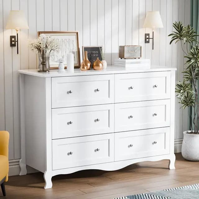 LEADZM Commode à 6 tiroirs, Meuble Rangement, Commode Chambre avec tiroirs, Armoire à tiroirs, Style français 120 x 40 x 84 cm
