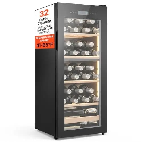 VEVOR Cave à Vin 32 Bouteilles, Cave de Vieillissement Autoportante Double Zone, pour Rouges Blancs Champagnes Effervescents Maison Bar, Frigo à Vin avec Température Réglable 5-18 °C avec Porte Vitrée