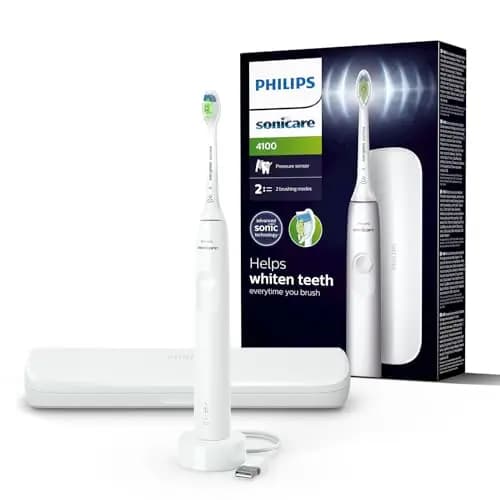 Philips Sonicare 4100 - brosse à dents électrique pour adultes avec 1 tête de brosse à dents Philips W2 Optimal White blanche, coffret de voyage fin et chargeur USB (modèle HX3683/33) – Image 1