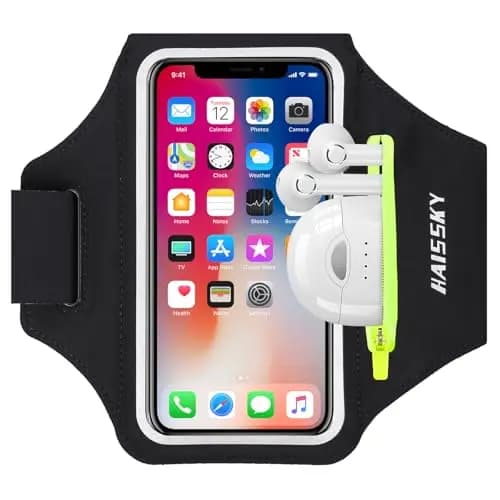 HAISSKY Brassard de Sport avec Poche Écouteur, Brassard Sport pour iPhone 17 Pro Max 16 Pro 15 14 Plus 13 12 11, Brassard Telephone Smartphone Running pour Jogging Cyclisme Randonnée