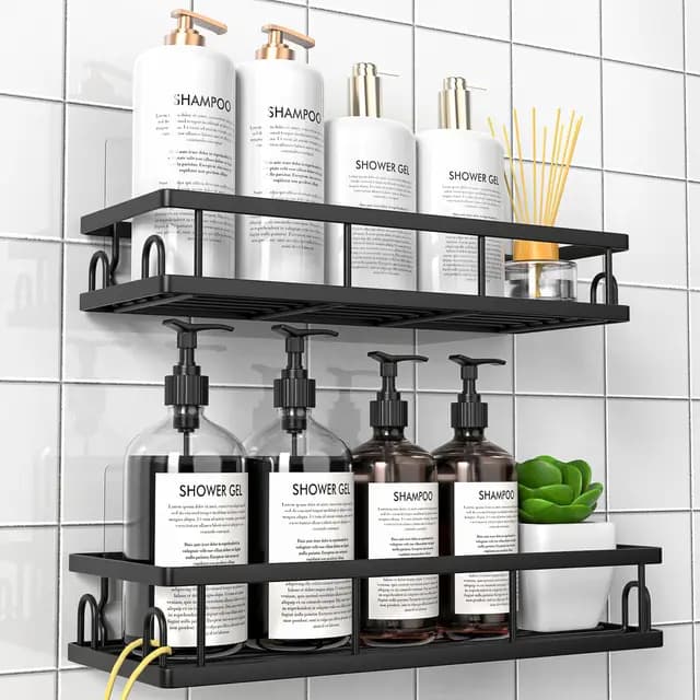 Etagère Douche Sans Percage, Rangement et Organisation de la Salle de Bain, Etagere Rangement Murale (Noir- 2 Pièces)