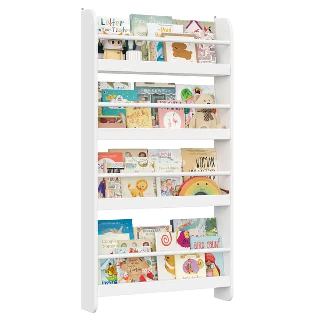 FOREHILL Bibliotheque Enfant, Bibliothèque Murale avec 4 Étagères, Etagere Murale, Rangement Livre Jouets pour Chambre d'enfants Salle de Jeux, Blanc 58x12x111cm