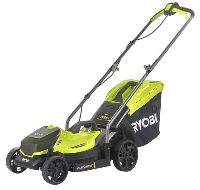 RYOBI - Tondeuse sans Fil 18V One+ RLM18X33B40 – Largeur Ø33cm, 1 Batterie 4.0Ah + Chargeur, Mulching ou Ramasse, Bac Semi-Rigide 35L, Compacte et Idéale Jardins < 250m²