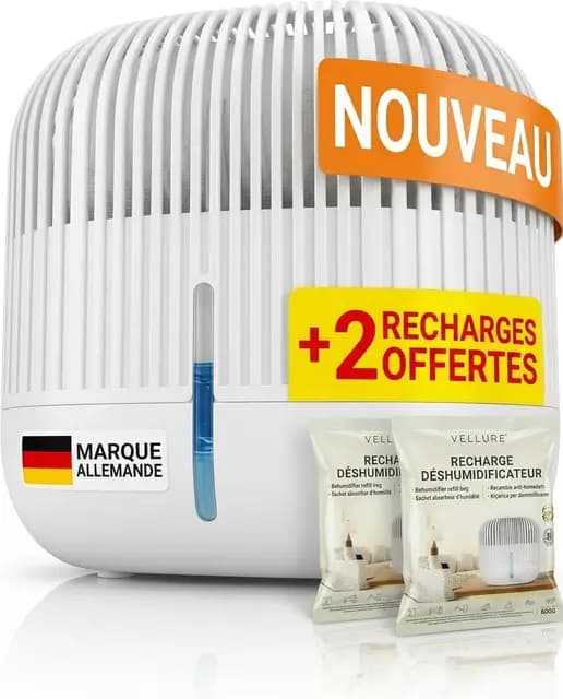 Vellure® Déshumidificateur design sans électricité + 2 recharges de 600 g – Déshumidificateur pour salle de bain, cave, etc. Jusqu'à 25 m² + 2 granulés déshumidificateurs qualité commerce spécialisé