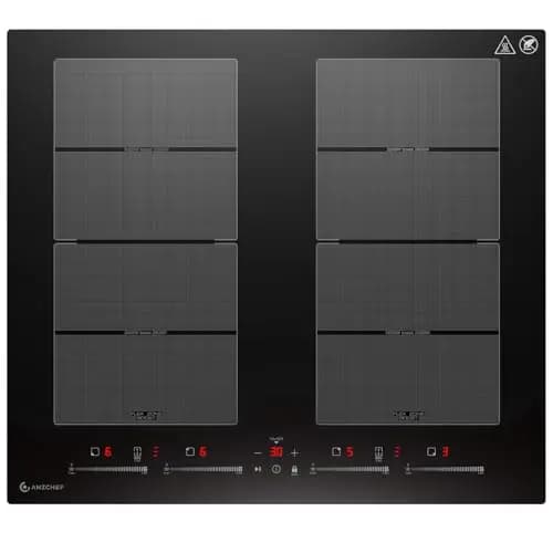 AMZCHEF Plaque Induction 4 Feux avec Deux Zones Flexibles, Plaque de Cuisson Induction 4 Zones avec Fonctionnement Silencieux (42dB), 9 Niveaux et Booster, Barbecue, Pause et Maintien au Chaud, 7400W