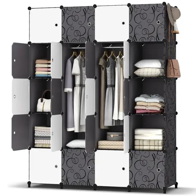 HOMIDEC Armoire Penderie 20 Cube Portable Étagère de Rangement, 35 x 45 cm Cube Plus Profond Garde-Robe de Rangement avec 3 Tige Suspendue pour Vêtements Chaussures Jouets, Noir et Blanc