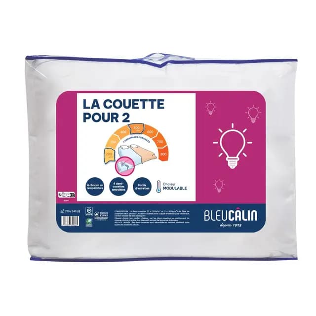 Bleu Calin Couette Chaude Modulable 2 personnes, Couette Spécial Couples, 4 demi-couettes superposables, Microfibre, Blanc, 220 x 240 cm
